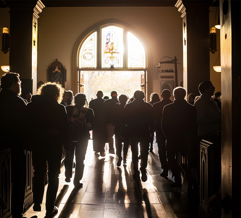 people-walk-out-church-into-bright-sunlight